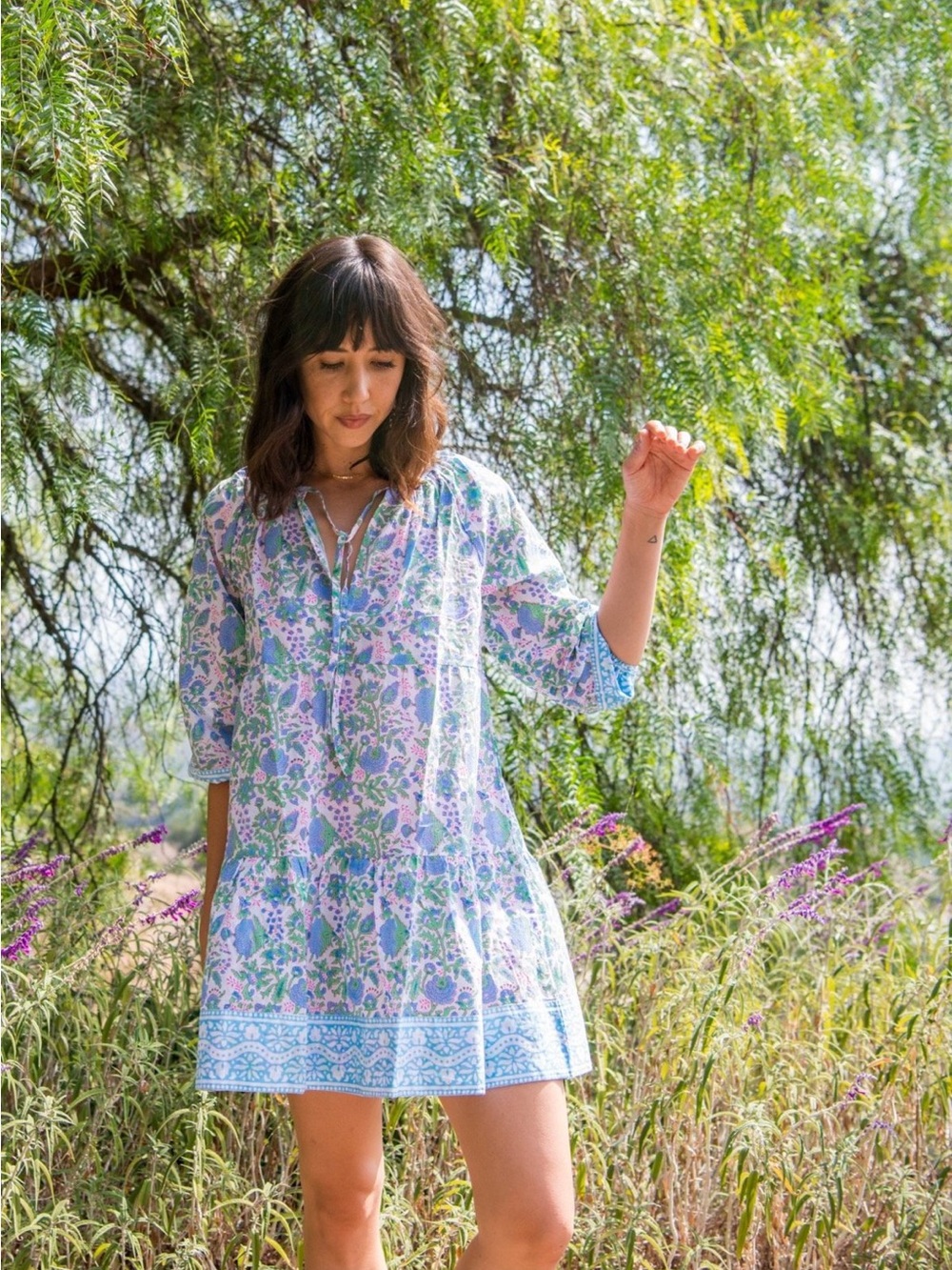 SZ Blockprints Priya Dress V neck Long sleeve floral blue pink